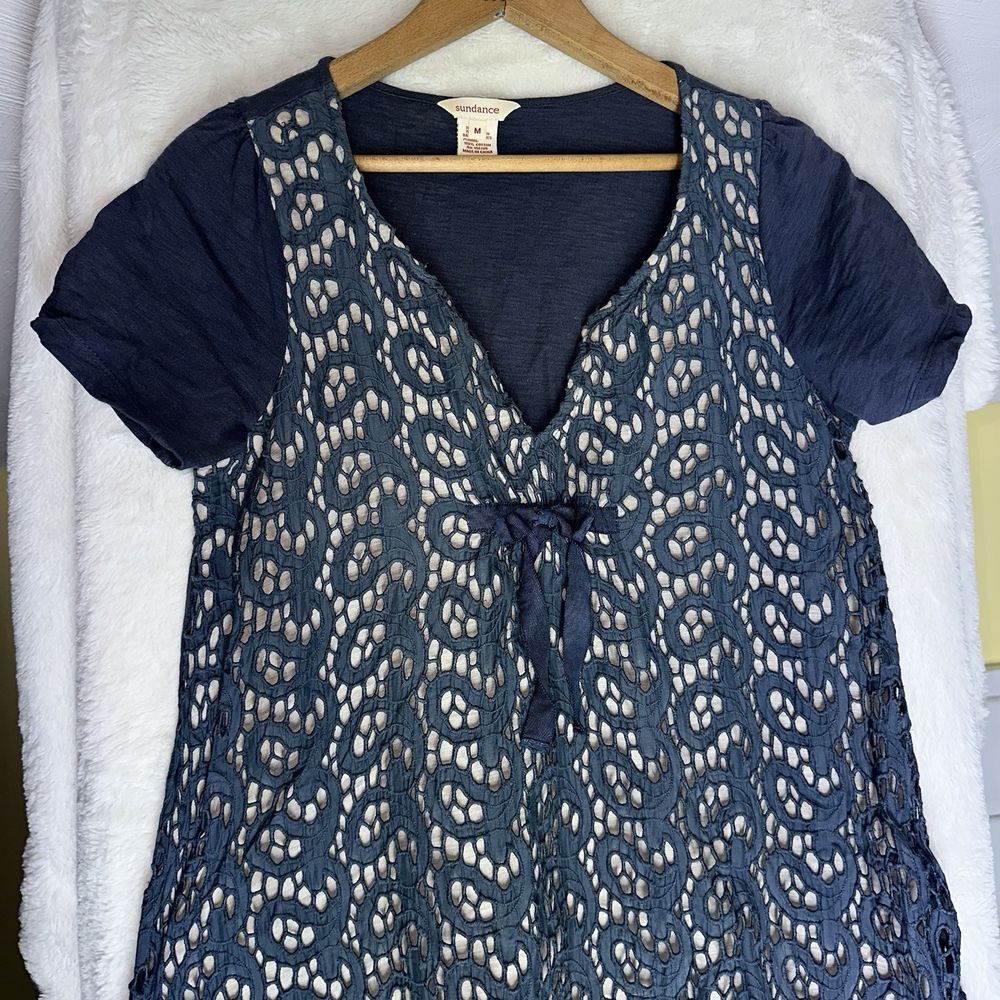 Sundance M Dress Blue Silk Blend‎ Eyelet Cut Short Sleeve V Neck Bow - Picture 4 of 8